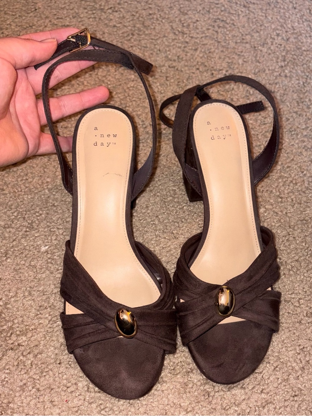 a new day Dark Brown Suede Ankle-Strap Heels with Gold Accent
